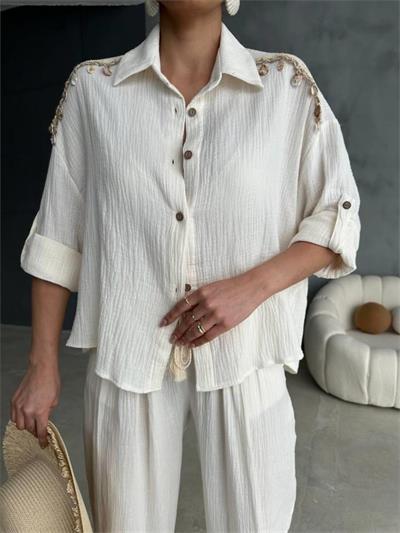 OMUZ SAÇAK DENİZ KABUĞU GÖMLEK - PANTOLON TAKIM - Ekru