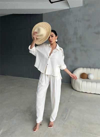 OMUZ SAÇAK DENİZ KABUĞU GÖMLEK - PANTOLON TAKIM - Ekru