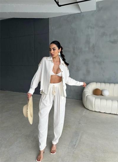 OMUZ SAÇAK DENİZ KABUĞU GÖMLEK - PANTOLON TAKIM - Ekru