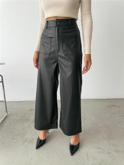 ÖN CEP DETAYLI DERİ PANTOLON - Siyah