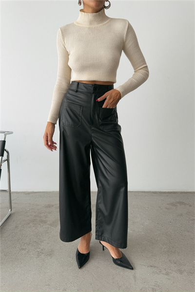 ÖN CEP DETAYLI DERİ PANTOLON - Siyah