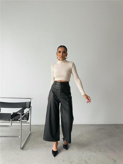 ÖN CEP DETAYLI DERİ PANTOLON - Siyah