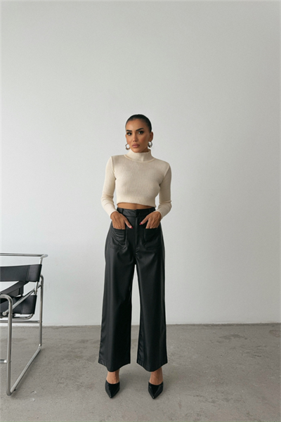 ÖN CEP DETAYLI DERİ PANTOLON - Siyah