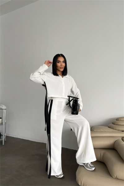 OTTOMAN EŞOFMAN TAKIM YANLARI ŞERİT DETAYLI - Beyaz