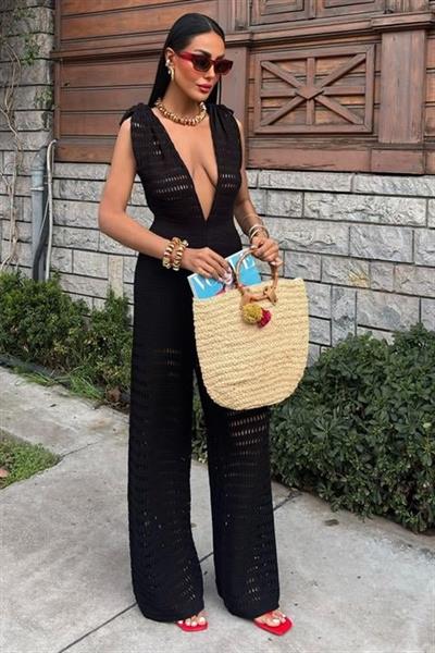 Omuz Büzgülü Ajurlu Triko Tulum 2872