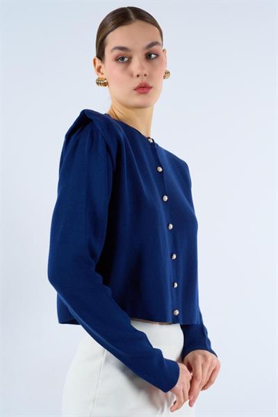 Omuzları Belirgin Triko Hırka - Lacivert