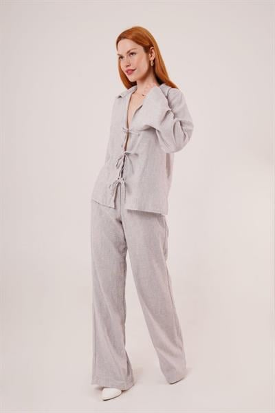 Ön Bağlama Detaylı Pantolon Ve Gömlek Gri İkili Takım