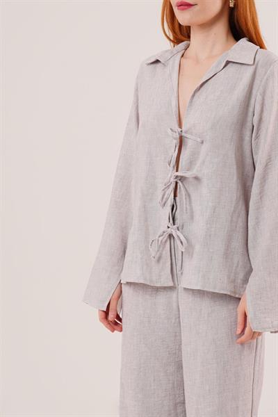 Ön Bağlama Detaylı Pantolon Ve Gömlek Gri İkili Takım