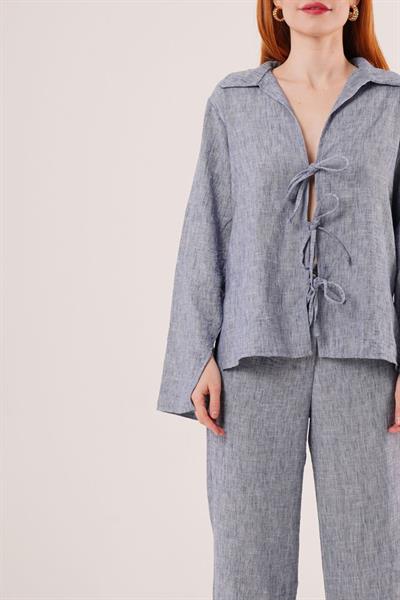 Ön Bağlama Detaylı Pantolon Ve Gömlek İndigo İkili Takım