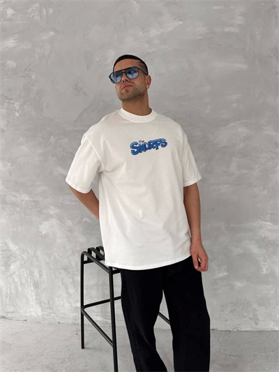 Ön Ve Arka Baskılı Oversize Bisiklet Yaka T-shirt- Beyaz