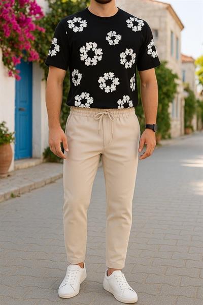 Ön Ve Arka Baskılı Oversize Bisiklet Yaka T-shirt- Siyah