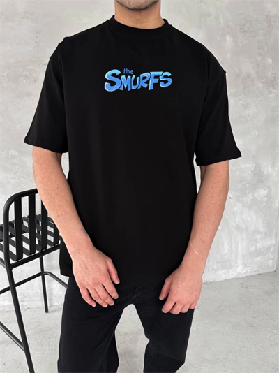 Ön Ve Arka Baskılı Oversize Bisiklet Yaka T-shirt- Siyah