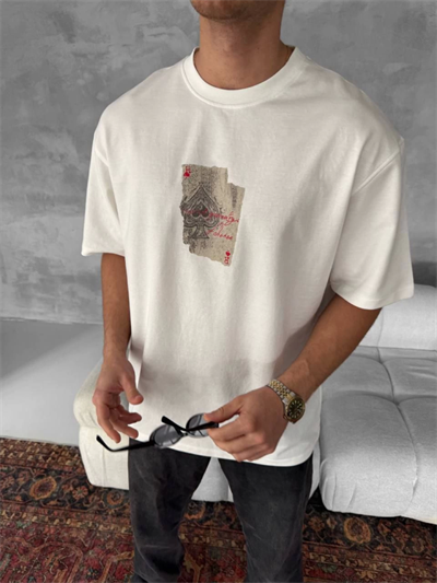Erkek Ön Ve Arka Baskılı Oversize Bisiklet Yaka T-shirt - Beyaz