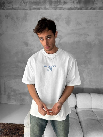 Ön Ve Arka Baskılı Oversize Bisiklet Yaka T-shirt- Beyaz