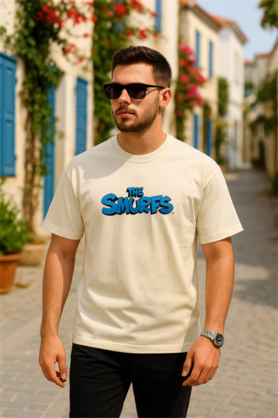 Ön Ve Arka Baskılı Oversize Bisiklet Yaka T-shirt- Beyaz