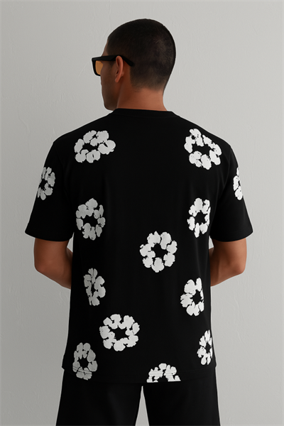 Ön Ve Arka Baskılı Oversize Bisiklet Yaka T-shirt- Siyah