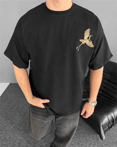 Ön Ve Arka Baskılı Oversize Bisiklet Yaka T-shirt - Siyah