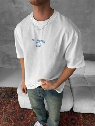 Ön Ve Arka Baskılı Oversize Bisiklet Yaka T-shirt- Beyaz