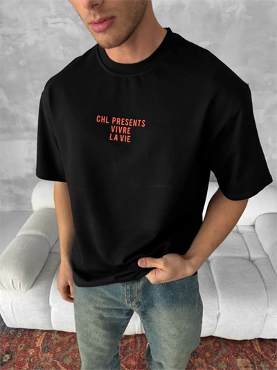 Ön Ve Arka Baskılı Oversize Bisiklet Yaka T-shirt- Siyah