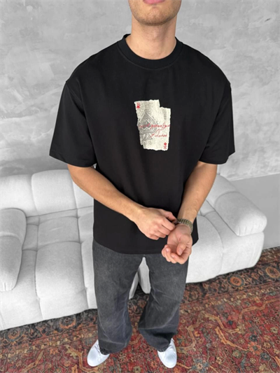Ön Ve Arka Baskılı Oversize Bisiklet Yaka T-shirt - Siyah