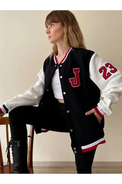 Ön Ve Kol Nakış İşlemeli Kolej Ceket - Siyah