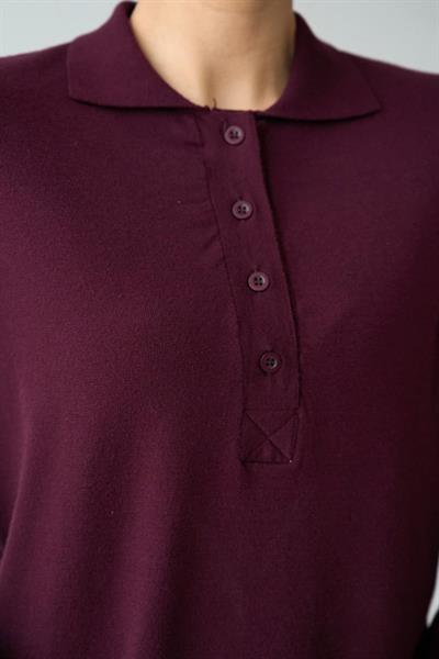 Önü 4 Düğme Polo Yaka Kazak - Bordo