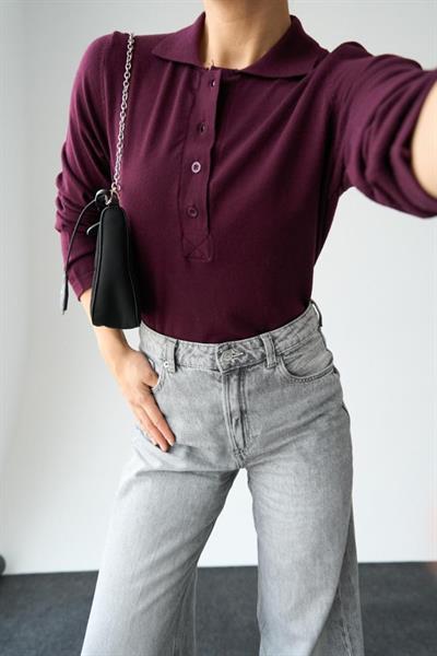 Önü 4 Düğme Polo Yaka Kazak - Bordo