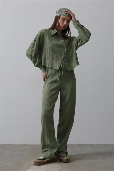 Önü Asimetrik Düğme Detaylı Takım - Haki