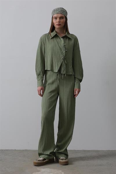 Önü Asimetrik Düğme Detaylı Takım - Haki