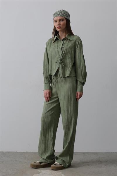 Önü Asimetrik Düğme Detaylı Takım - Haki