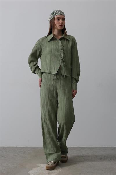 Önü Asimetrik Düğme Detaylı Takım - Haki