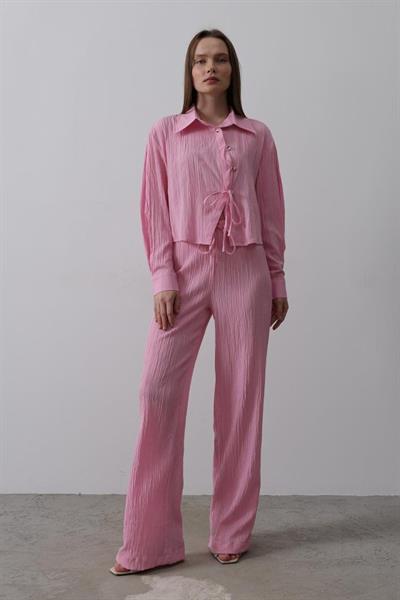 Önü Asimetrik Düğme Detaylı Takım - Pembe