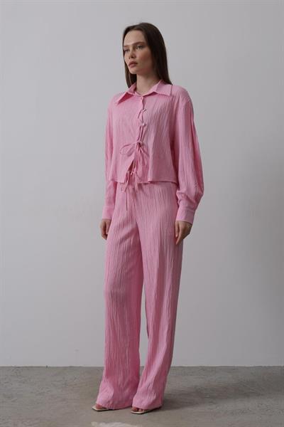 Önü Asimetrik Düğme Detaylı Takım - Pembe
