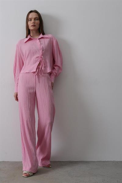 Önü Asimetrik Düğme Detaylı Takım - Pembe