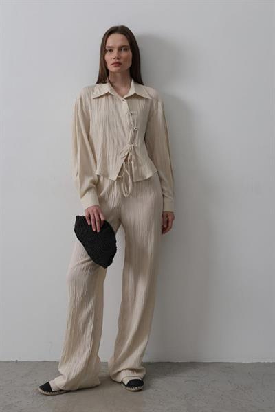 Önü Asimetrik Düğme Detaylı Takım - Taş