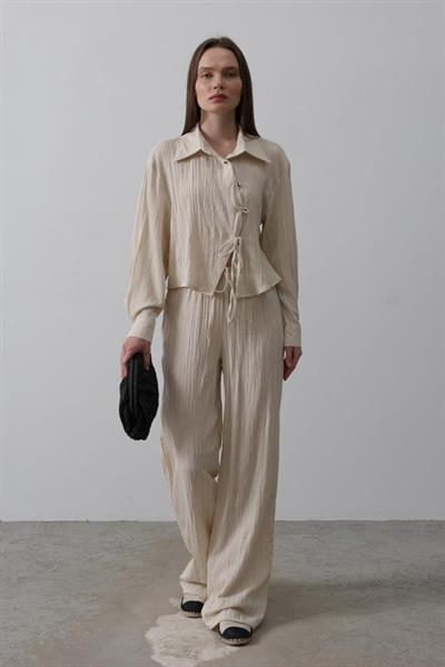 Önü Asimetrik Düğme Detaylı Takım - Taş