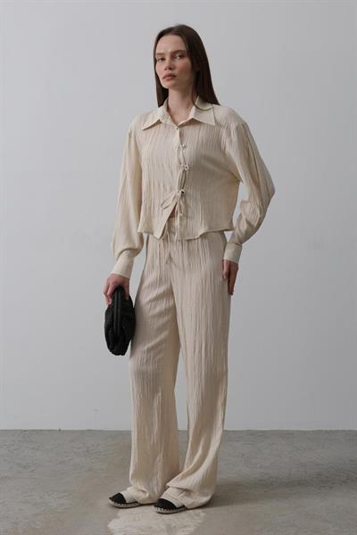 Önü Asimetrik Düğme Detaylı Takım - Taş