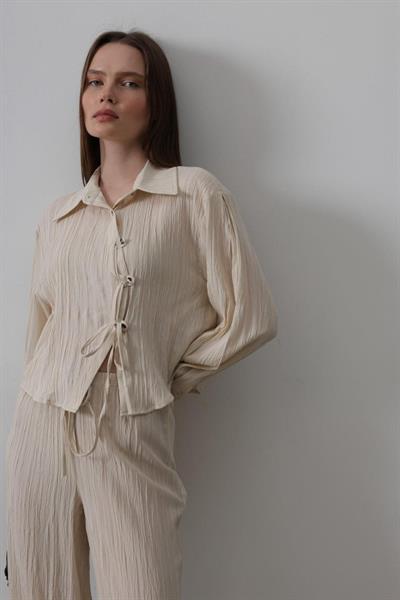 Önü Asimetrik Düğme Detaylı Takım - Taş