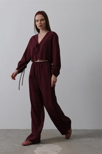 Önü Bağlamalı Crop Takım - Bordo