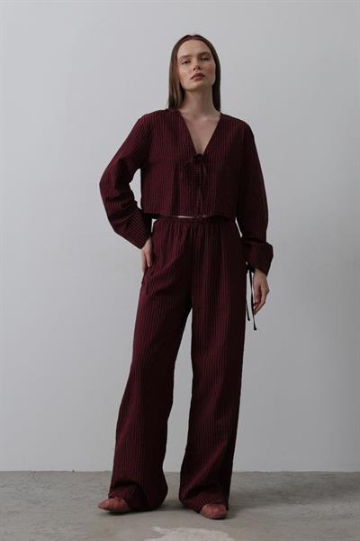 Önü Bağlamalı Crop Takım - Bordo