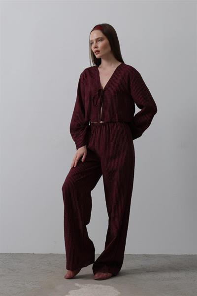 Önü Bağlamalı Crop Takım - Bordo
