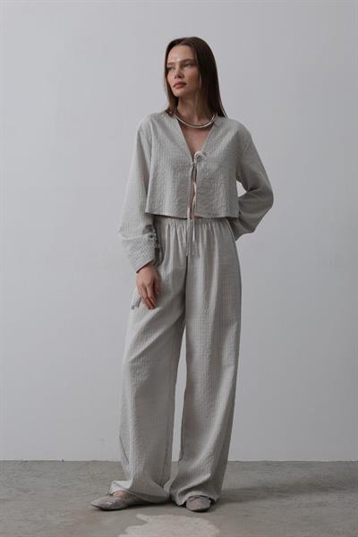 Önü Bağlamalı Crop Takım - Gri