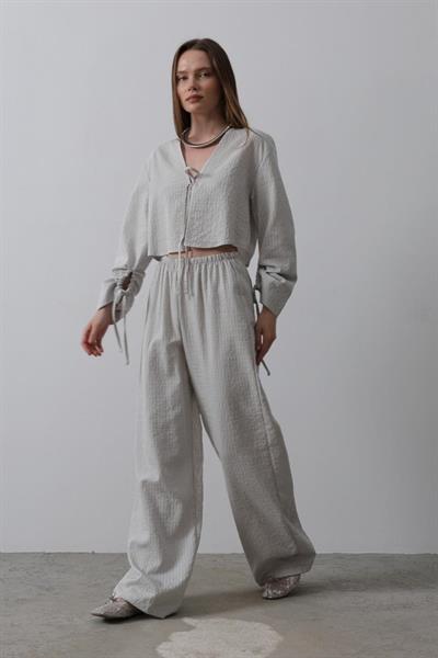Önü Bağlamalı Crop Takım - Gri
