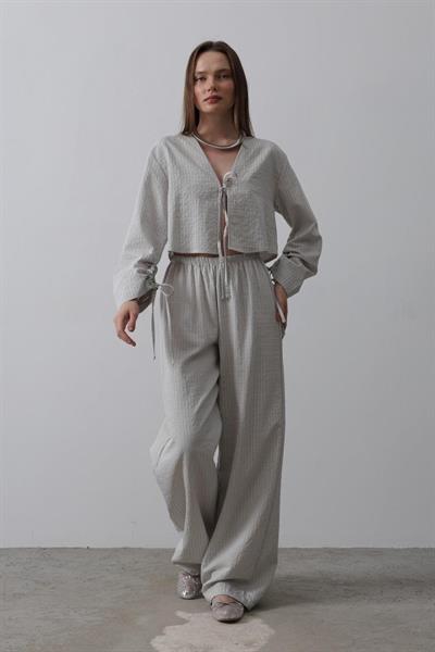Önü Bağlamalı Crop Takım - Gri