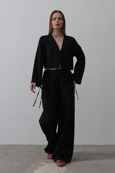 Önü Bağlamalı Crop Takım - Siyah