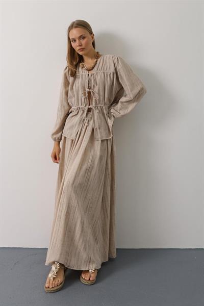 Önü Bağlamalı Etekli Takım - Bej