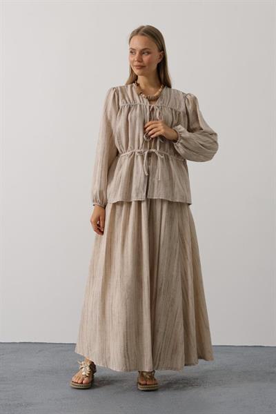 Önü Bağlamalı Etekli Takım - Bej