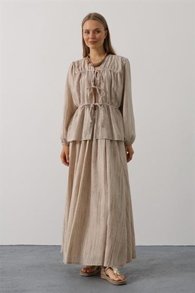 Önü Bağlamalı Etekli Takım - Bej