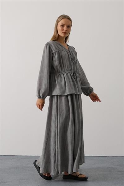 Önü Bağlamalı Etekli Takım - Gri