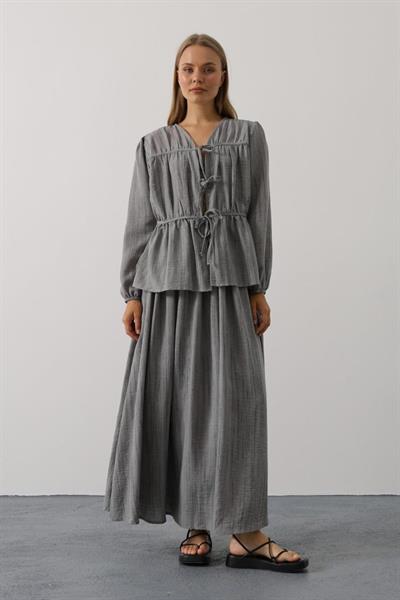 Önü Bağlamalı Etekli Takım - Gri